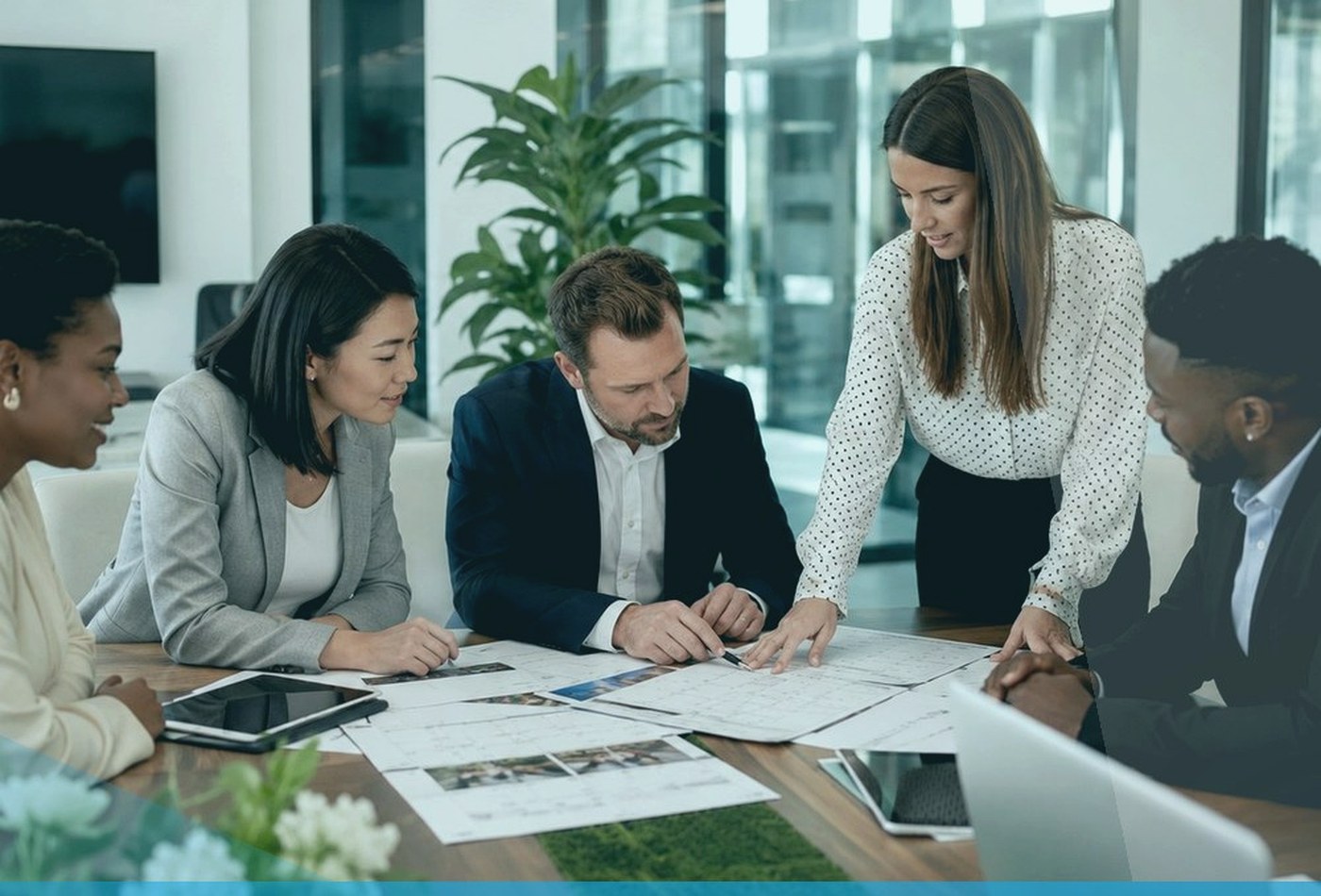 Business team reviewing event-space options